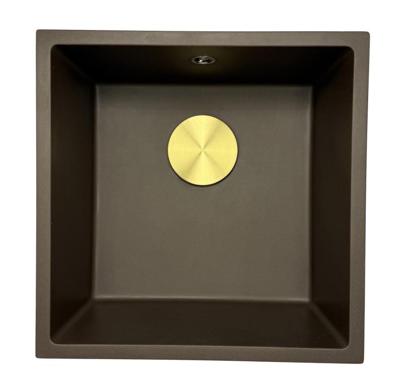 GraniteMy Universal γρανιτένιος νεροχύτης καφέ 40x40 cm επιφάνεια, υποκατασκευή και ενσωματωμένη εγκατάσταση με ανοξείδωτο πώμα 1208967212