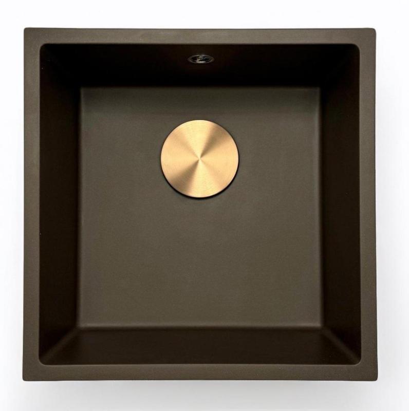 GraniteMy Universal γρανιτένιος νεροχύτης καφέ 40x40 cm επιφάνεια, υποκατασκευή και ενσωματωμένη εγκατάσταση με ανοξείδωτο πώμα 1208967212