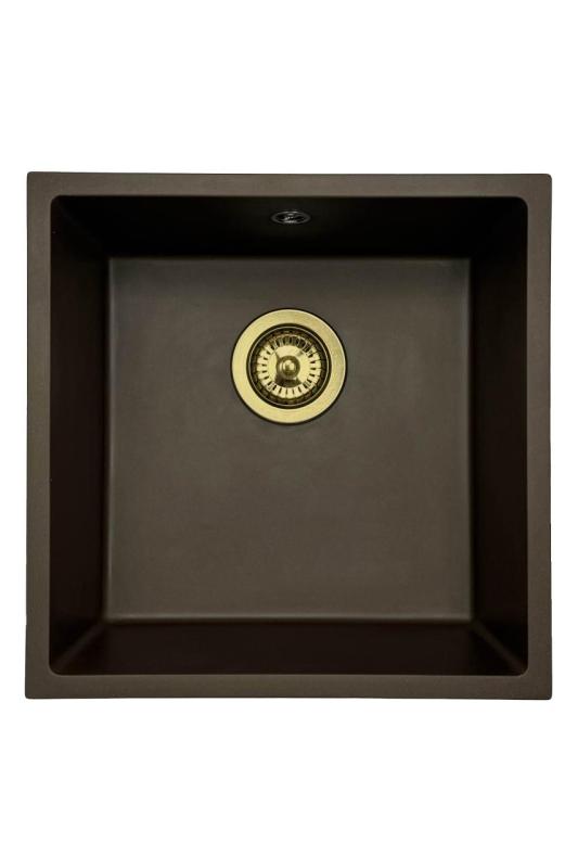 GraniteMy Universal γρανιτένιος νεροχύτης καφέ 40x40 cm επιφάνειας, υποκατασκευής και ενσωματωμένης κατασκευής με χρυσό βύσμα 1208967218.