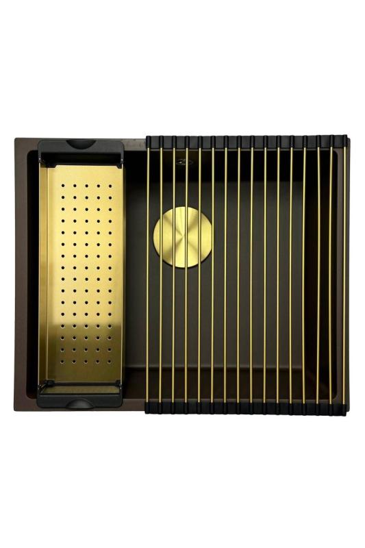 GraniteMy Universal νεροχύτης καφέ γρανίτη 50x40 cm για επιτραπέζια, υποκατασκευή και επίπεδη ενσωμάτωση με χρυσό βύσμα 1208967230.