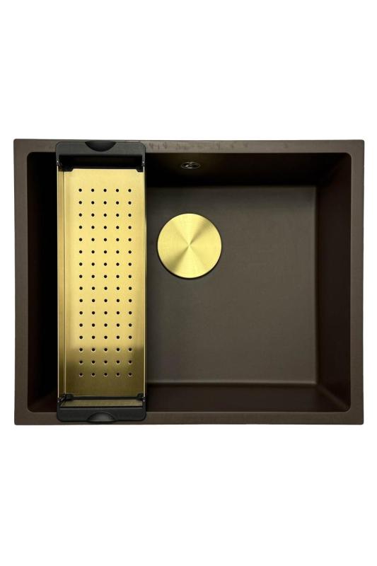 GraniteMy Universal νεροχύτης καφέ γρανίτη 50x40 cm για επιτραπέζια, υποκατασκευή και επίπεδη ενσωμάτωση με χρυσό βύσμα 1208967230.