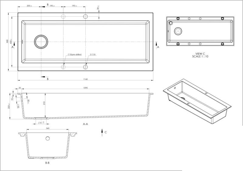 GraniteMy Τrog γρανιτένιος πολύ μεγάλος μαύρος νεροχύτης 116x50 cm μαύρος επιτραπέζιος με οπή για μπαταρία με χάλκινο πώμα 1208967238