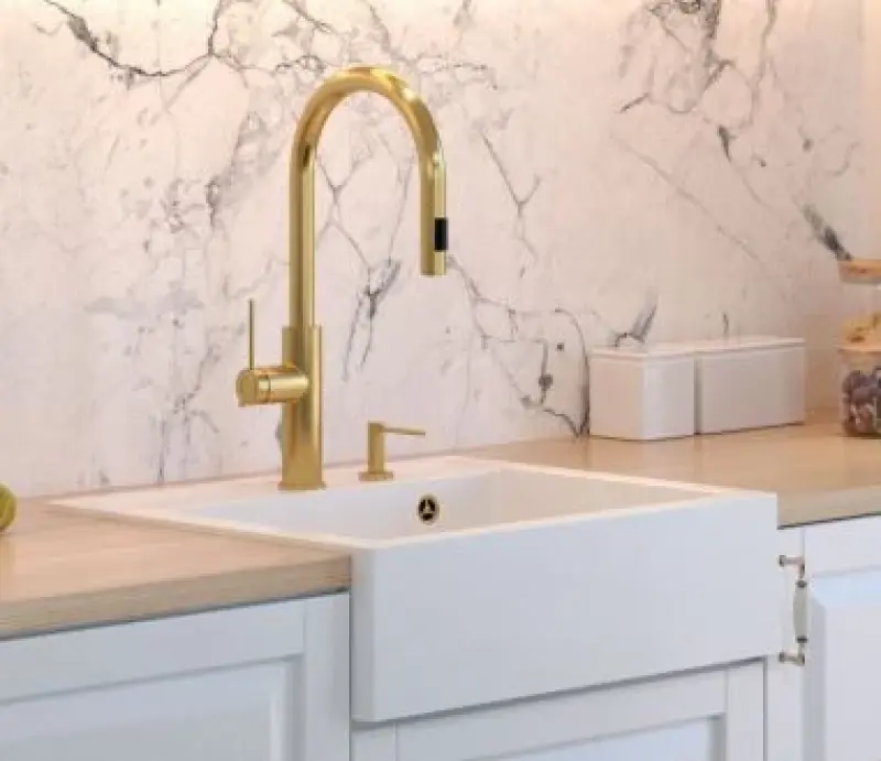 Quadri Αγροικία αγροτικού στυλ ενδιάμεσος ή επιτραπέζιος νεροχύτης από γρανίτη ματ λευκός με χρυσό βύσμα 595x540mm 1208967264