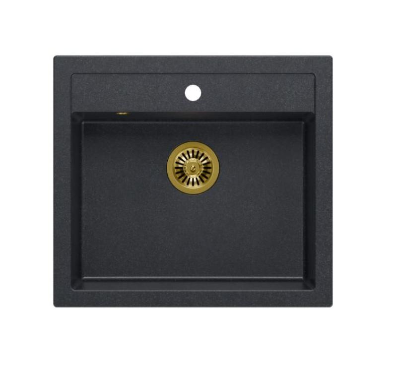 Quadri Αγρόκτημα αγροτικού στυλ εντός ή επάνω τοποθέτησης γρανιτένιος νεροχύτης ανθρακί με χρυσό πώμα 595x540mm 1208967267