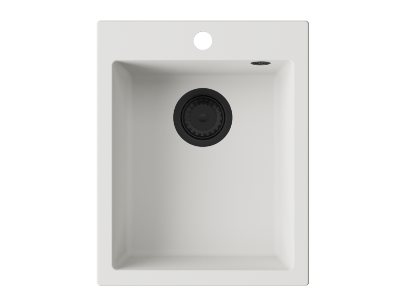 GraniteMy Bremen γρανίτης λευκός νεροχύτης 40x50 εκατοστά λευκή επιφάνεια, κάτω από την επιφάνεια και επίπεδη ενσωμάτωση με τρύπα βρύσης με μαύρο πώμα 1208967285