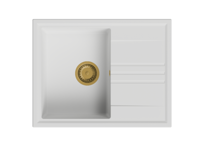 GraniteMy Βεσι επιφάνεια από γρανίτη λευκού νεροχύτη 64x50cm με στραγγιστήρα αναστρέψιμο με χρυσό (βουρτσισμένος χάλκινος) πώμα 1208967300