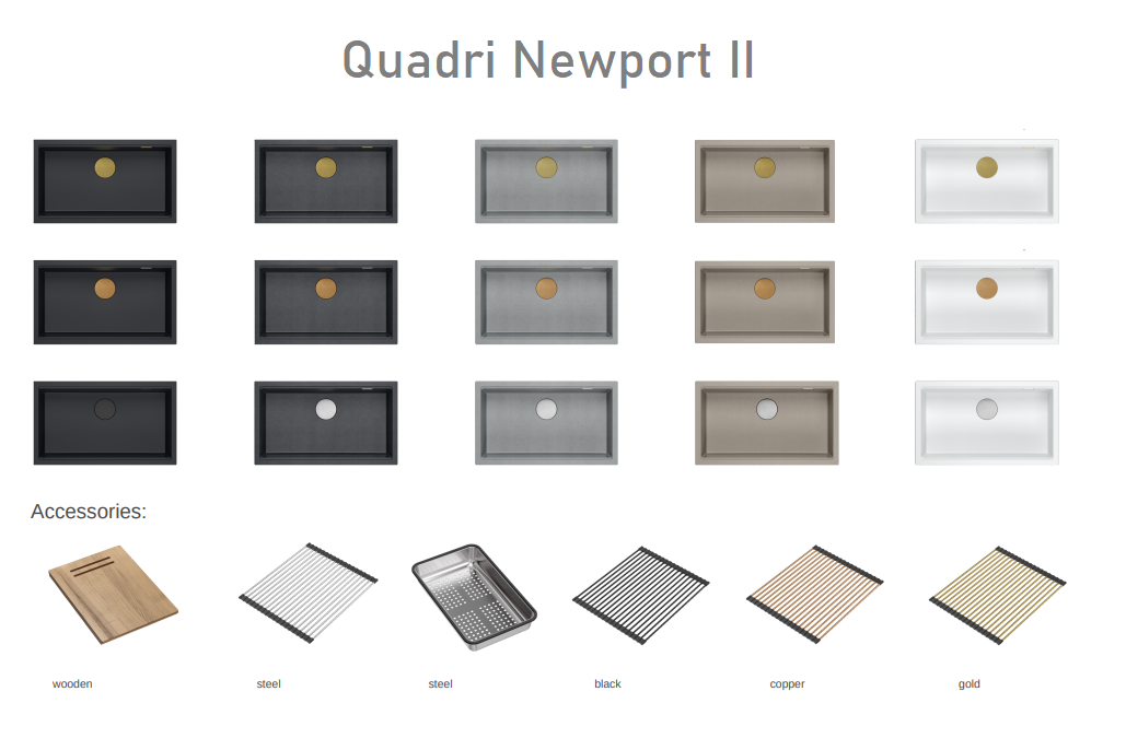 Quadri Newport II μεγάλος και βαθύς νεροχύτης από γρανίτη επιφάνειας και υποδομής γκρι νεροχύτης 76x45cm με χρυσό βύσμα 1208967315