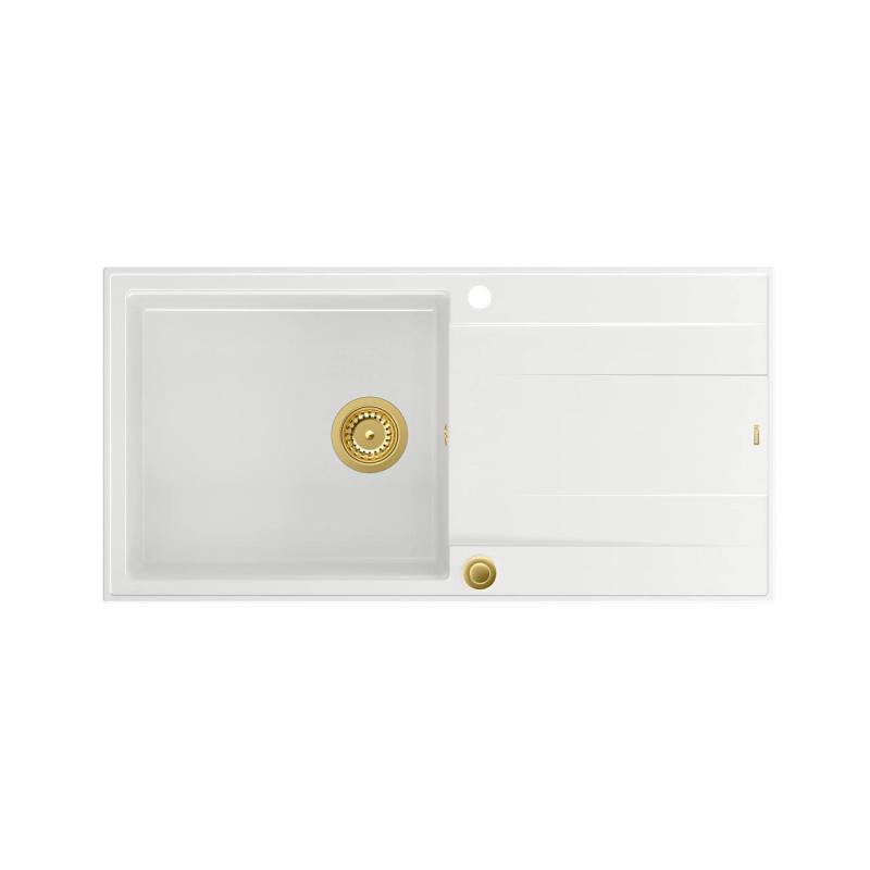 Quadri Luton λευκός γρανιτένιος νεροχύτης επιφάνειας με περιοχή αποστράγγισης αναστρέψιμη 100x50cm με χρυσό βύσμα 1208967319