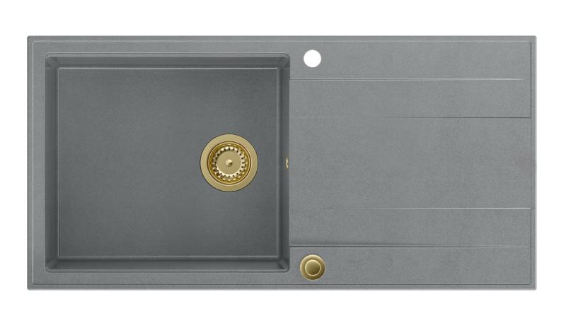 Quadri Luton γκρι γρανίτης επιτραπέζιος νεροχύτης με επιφάνεια αποστράγγισης, αναστρέψιμος 100x50cm με χρυσό βύσμα 1208967325