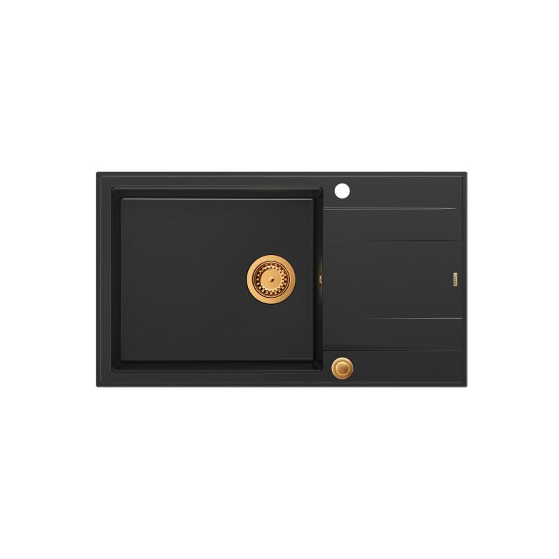 Quadri Luton μαύρος γρανίτης μεγάλος επιτραπέζιος νεροχύτης με επιφάνεια αποστράγγισης, αναστρέψιμος 86x50cm με χάλκινο βύσμα 1208967326