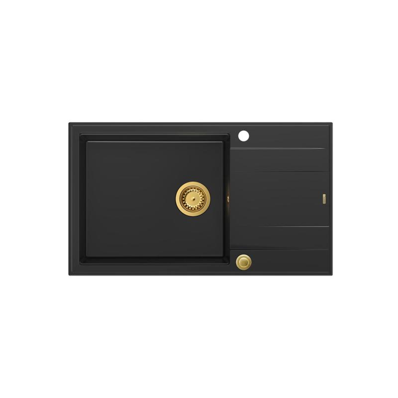 Quadri Luton μαύρος γρανιτένιος μεγάλος νεροχύτης επιφάνειας με αποστραγγιστική επιφάνεια αναστρέψιμος 86x50cm με χρυσό βύσμα 1208967327