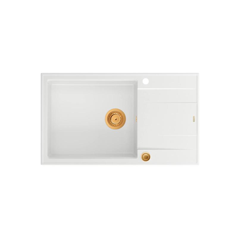 Quadri Luton λευκός γρανίτης μεγάλος επιτραπέζιος νεροχύτης με επιφάνεια αποστράγγισης, αναστρέψιμος 86x50cm με χάλκινη τάπα 1208967328