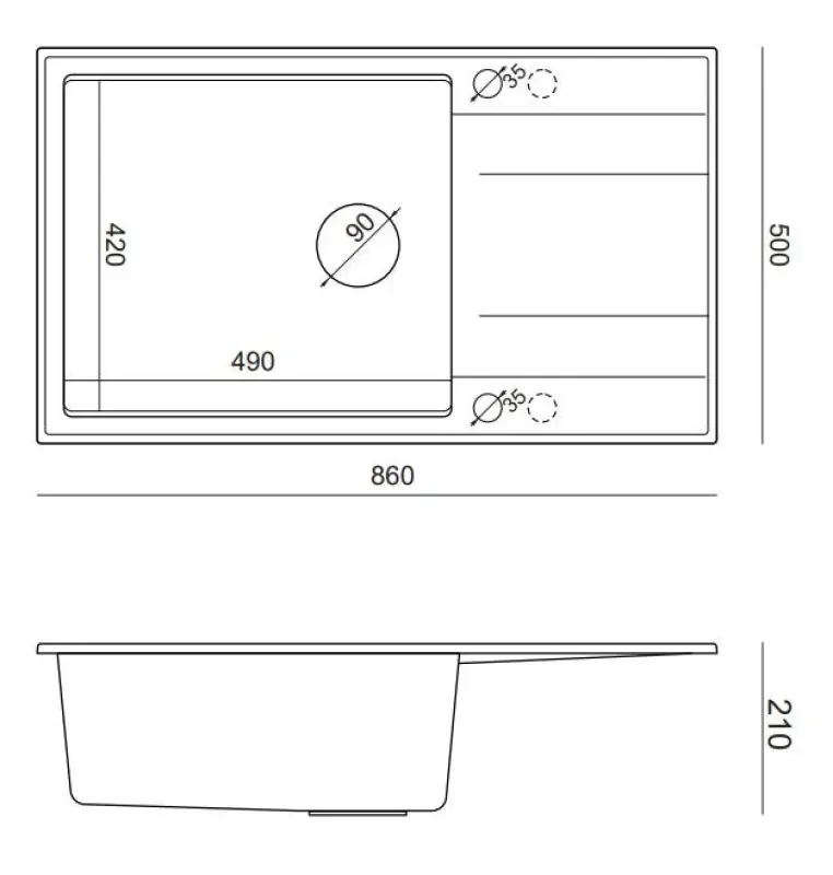 Quadri Luton γκρι γρανιτένιος μεγάλος επάνω πάγκος νεροχύτης με αναστρέψιμη επιφάνεια αποστράγγισης 86x50cm με χάλκινη τάπα 1208967331