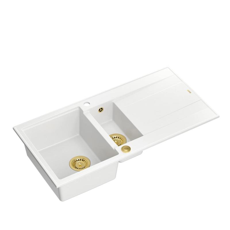 Quadri Luton λευκός γρανίτης επιφανειακής τοποθέτησης 1,5 νεροχύτης με επιφάνεια αποστράγγισης αναστρέψιμος 100x50cm με χρυσό βύσμα 1208967348.