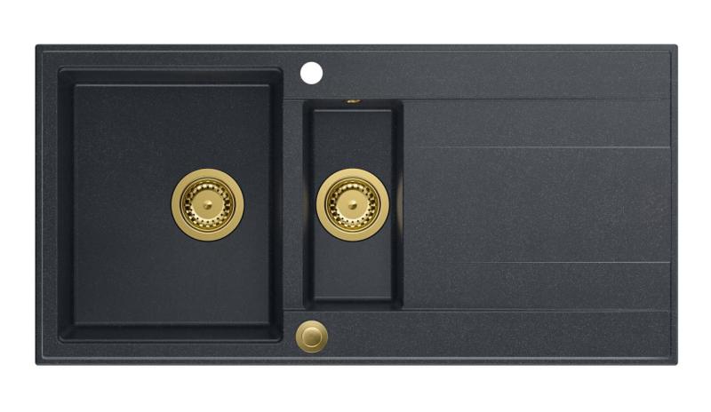 Quadri Luton ανθρακί γρανίτης επιτραπέζιος νεροχύτης 1,5 γούρνες με αποστραγγιστικό επιφάνεια αναστρέψιμος 100x50cm με χρυσό βύσμα 1208967354.