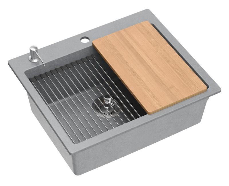 Quadri Durham γκρίζο γρανίτης επιφάνειας νεροχύτη 595x500 με διανομέα σαπουνιού, κοπιδοκάννα, τοποθετημένη λεκάνη και ρολό ματ 1208967378