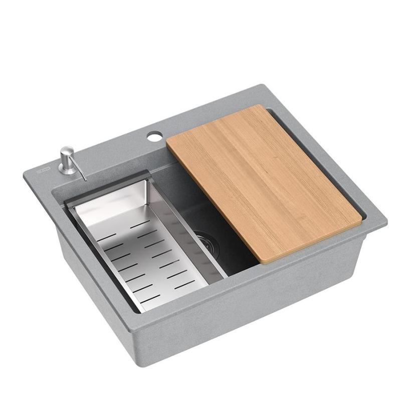 Quadri Durham γκρίζο γρανίτης επιφάνειας νεροχύτη 595x500 με διανομέα σαπουνιού, κοπιδοκάννα, τοποθετημένη λεκάνη και ρολό ματ 1208967378