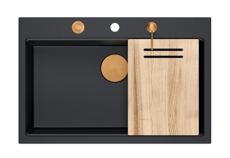 Quadri Hard Rock μαύρος ματ γρανίτης επιφάνεια μεγάλου νεροχύτη 76x50cm με χάλκινη τάπα και αξεσουάρ 1208967423