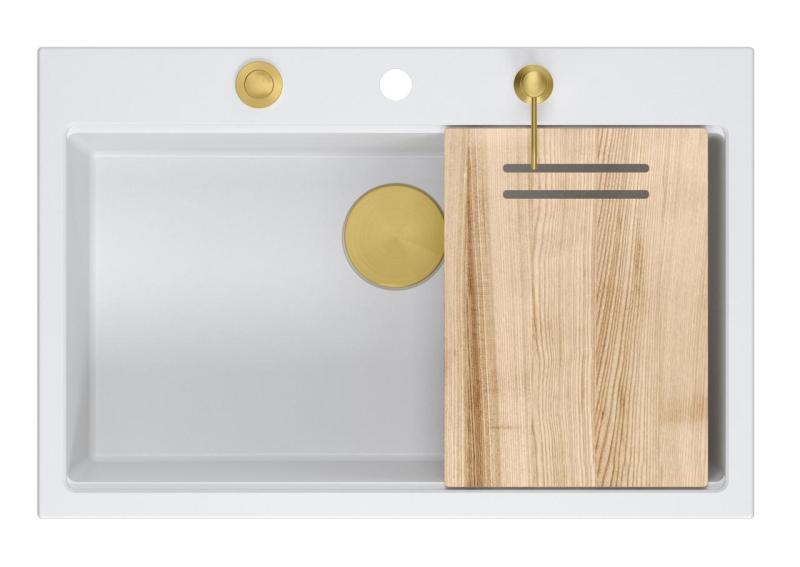 Quadri Hard Rock λευκός γρανίτης επιτραπέζιος μεγάλος νεροχύτης 76x50cm, συμπεριλαμβανομένου χρυσού πώματος και αξεσουάρ 1208967424.