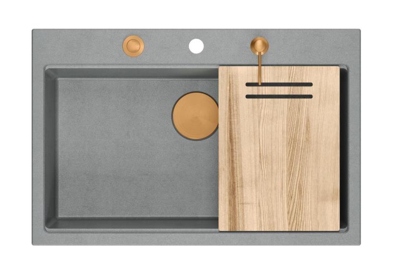 Quadri Hard Rock γκρι γρανίτης επάνω μεγάλος νεροχύτης 76x50εκ, συμπεριλαμβανομένου χάλκινου βύσματος και αξεσουάρ 1208967435