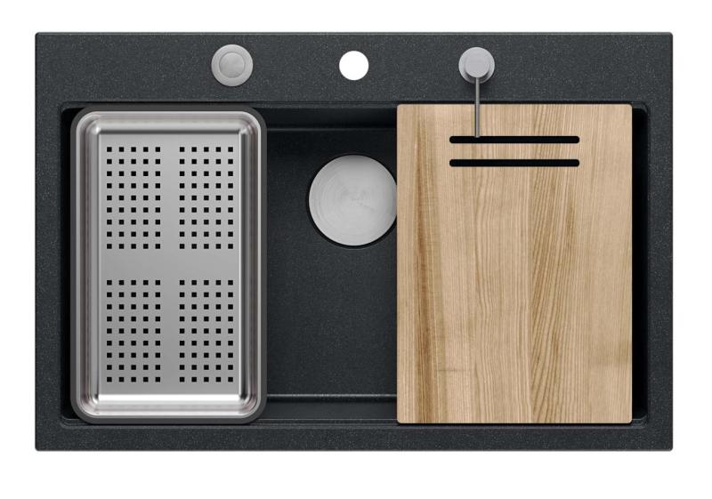 Quadri Hard Rock ανθρακί γρανίτης επάνω πάγκος μεγάλος νεροχύτης 76x50cm, περιλαμβάνει ανοξείδωτο βύσμα και αξεσουάρ 1208967442