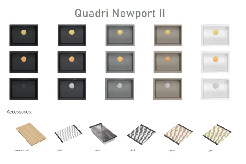 Quadri Newport II γρανίτης νεροχύτης υποκατασκευής μαύρος 560x450mm με χάλκινη τάπα και καπάκι αποχέτευσης 1208967450