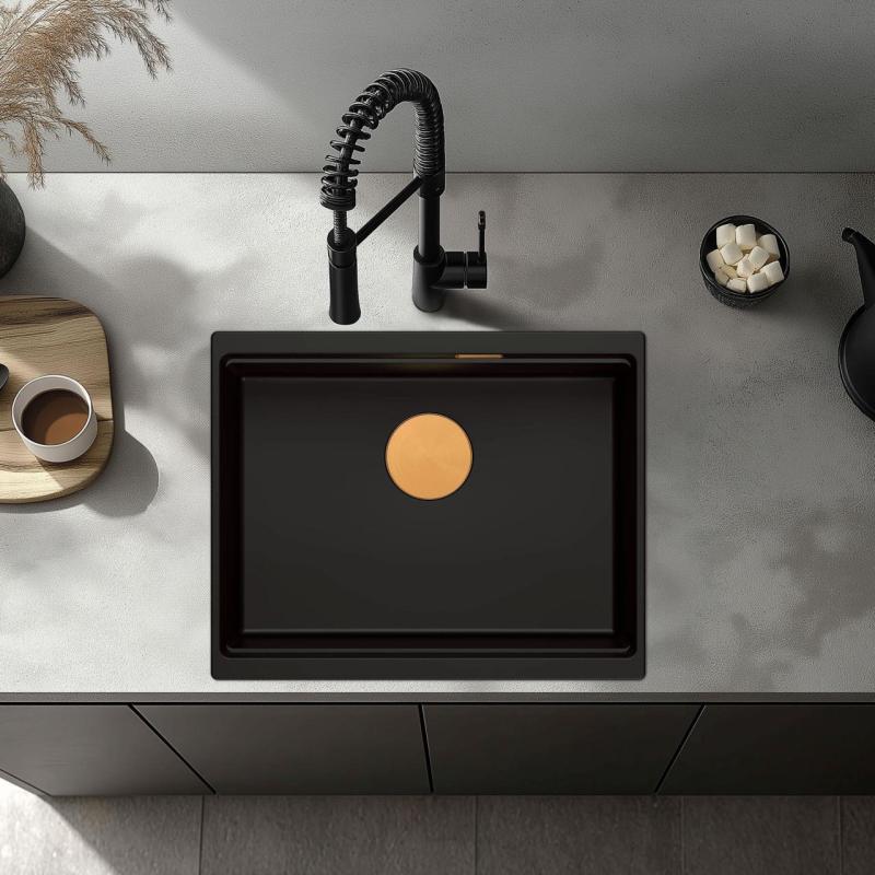 Quadri Newport II γρανίτης νεροχύτης υποκατασκευής μαύρος 560x450mm με χάλκινη τάπα και καπάκι αποχέτευσης 1208967450