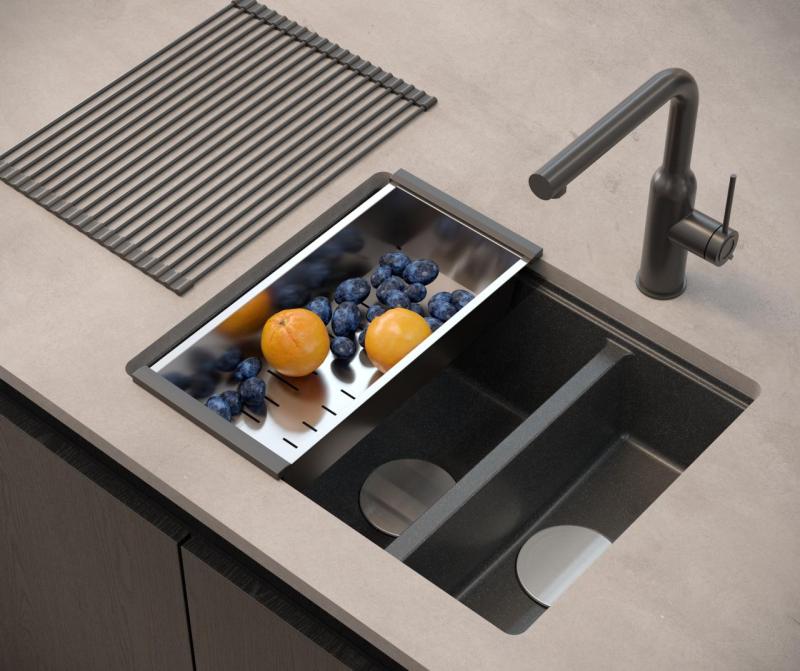 Quadri Newport II ανθρακί 1,5 νεροχύτης γρανίτη επάνω και κάτω πάγκου 555x460mm με ανοξείδωτο πώμα 1208967472