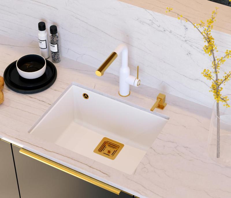 Quadri Quadrangle λευκός γρανίτης υποκατασκευή νιπτήρας 55x42cm με χάλκινο βύσμα 1208967478