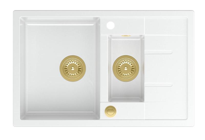 Quadri Brenton λευκός γρανίτης επάνω πάγκου 1,5 νεροχύτης με επιφάνεια αποστράγγισης 78x50cm με χρυσό πώμα 1208967551