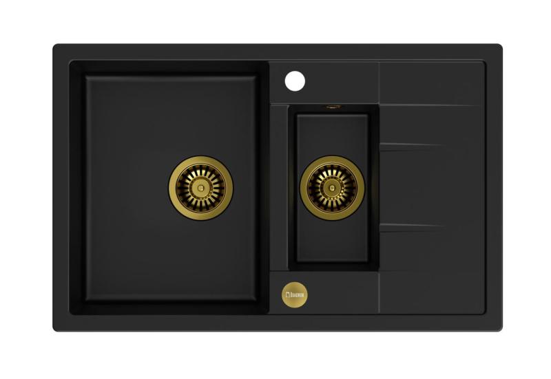 Quadri Brenton μαύρος γρανίτης εντοιχισμένη 1,5 γούρνα με επιφάνεια αποστράγγισης 78x50cm με χρυσό βύσμα 1208967554