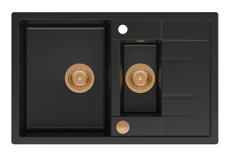 Quadri Brenton μαύρος γρανιτένιος νεροχύτης 1,5 γούρνας με επιφάνεια αποστράγγισης 78x50cm με χάλκινο βύσμα 1208967555