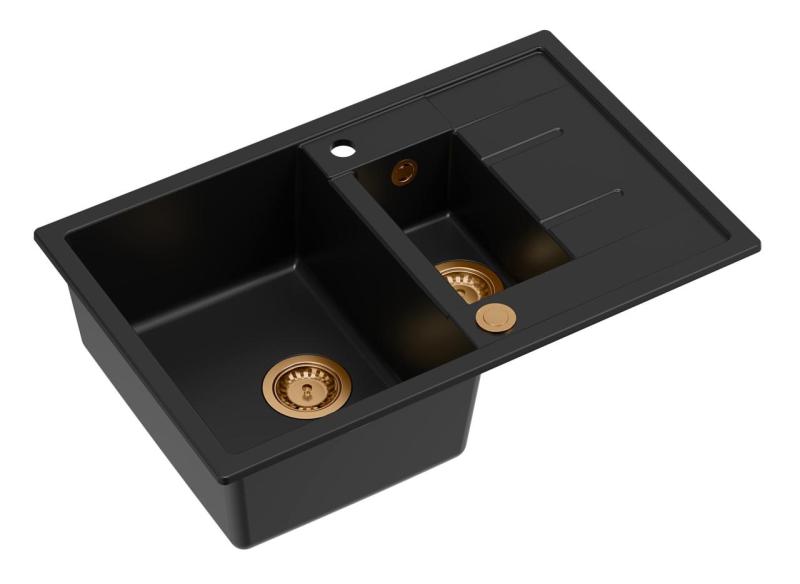 Quadri Brenton μαύρος γρανιτένιος νεροχύτης 1,5 γούρνας με επιφάνεια αποστράγγισης 78x50cm με χάλκινο βύσμα 1208967555