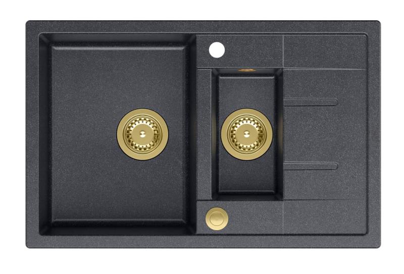 Quadri Brenton ανθρακί γρανίτης εντοιχισμένος νεροχύτης 1,5 γούρνα με επιφάνεια αποστράγγισης 78x50cm με χρυσό βύσμα 1208967557