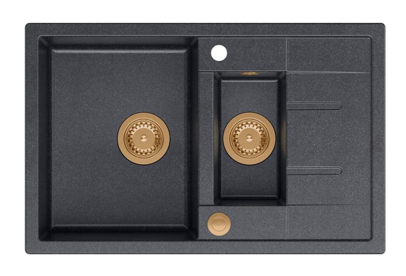 Quadri Brenton ανθρακί γρανιτένος εντοιχισμένος νεροχύτης 1,5 γούρνας με επιφάνεια αποστράγγισης 78x50cm με χάλκινη τάπα 1208967558