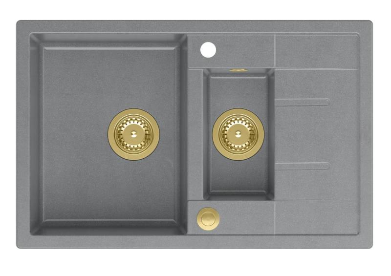 Quadri Brenton γκρι γρανιτένος εντοιχιζόμενος νεροχύτης 1,5 γούρνα με επιφάνεια αποστράγγισης 78x50cm με χρυσό βύσμα 1208967560