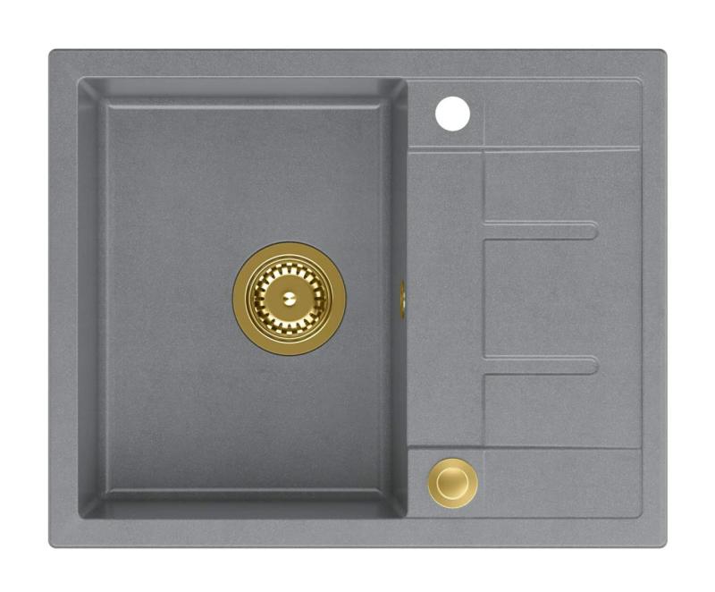 Quadri Dalton γκρι γρανίτης εντοιχισμένος νεροχύτης με επιφάνεια αποστράγγισης 62x50cm με χρυσό πώμα 1208967565.