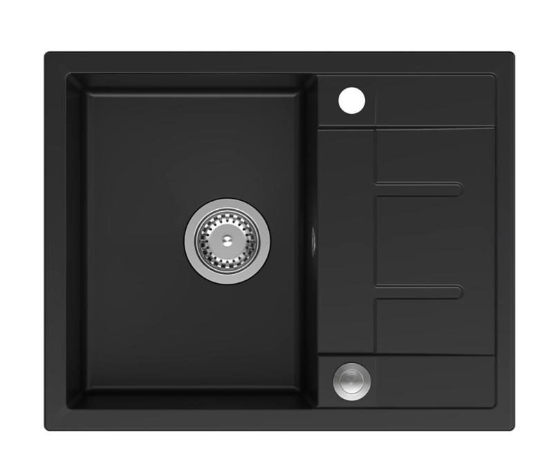 Quadri Dalton μαύρος γρανιτένιος νεροχύτης επάνω πάγκου με επιφάνεια αποστράγγισης 62x50cm με βαλβίδα από ανοξείδωτο χάλυβα 1208967567
