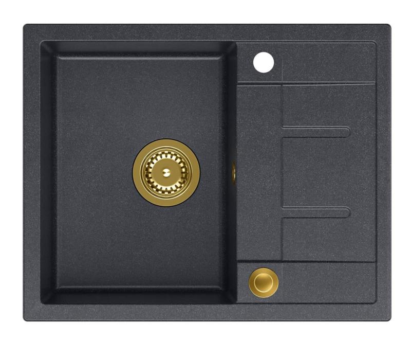 Quadri Dalton ανθρακί γρανίτης εντοιχιζόμενος νεροχύτης με επιφάνεια αποστράγγισης 62x50cm με χρυσό βύσμα 1208967571