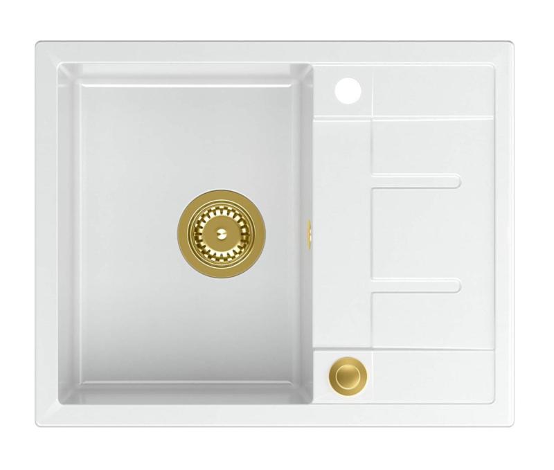 Quadri Dalton λευκός γρανιτένιος επιτραπέζιος νεροχύτης με αποστραγγιστική επιφάνεια 62x50cm με χρυσό βύσμα 1208967574