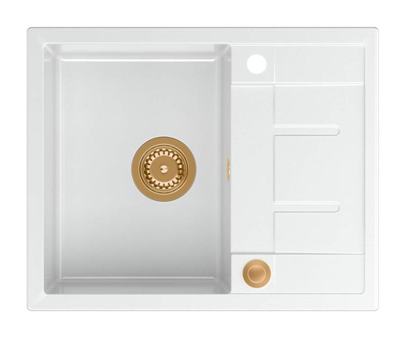 Quadri Dalton λευκός γρανιτένιος νεροχύτης με επιφάνεια αποστράγγισης 62x50cm με χάλκινη τάπα 1208967575