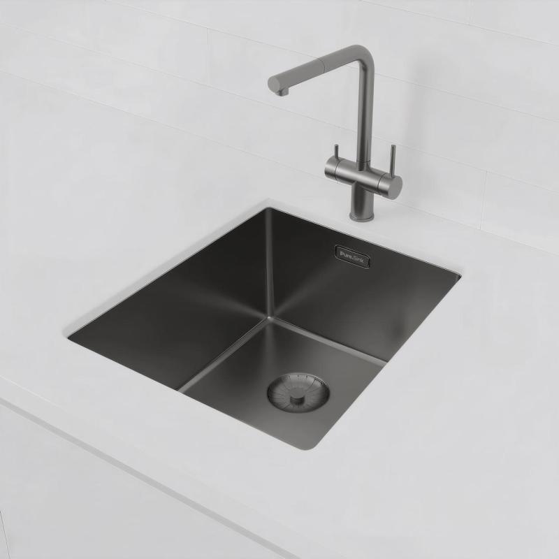 Pure.Sink Prestige νεροχύτης PVD Gun Metal 34x40 cm, ακτίνα 10 mm, για υποκατασκευή, επίπεδη ενσωμάτωση και επιφάνεια εγκατάστασης PPG3440-61