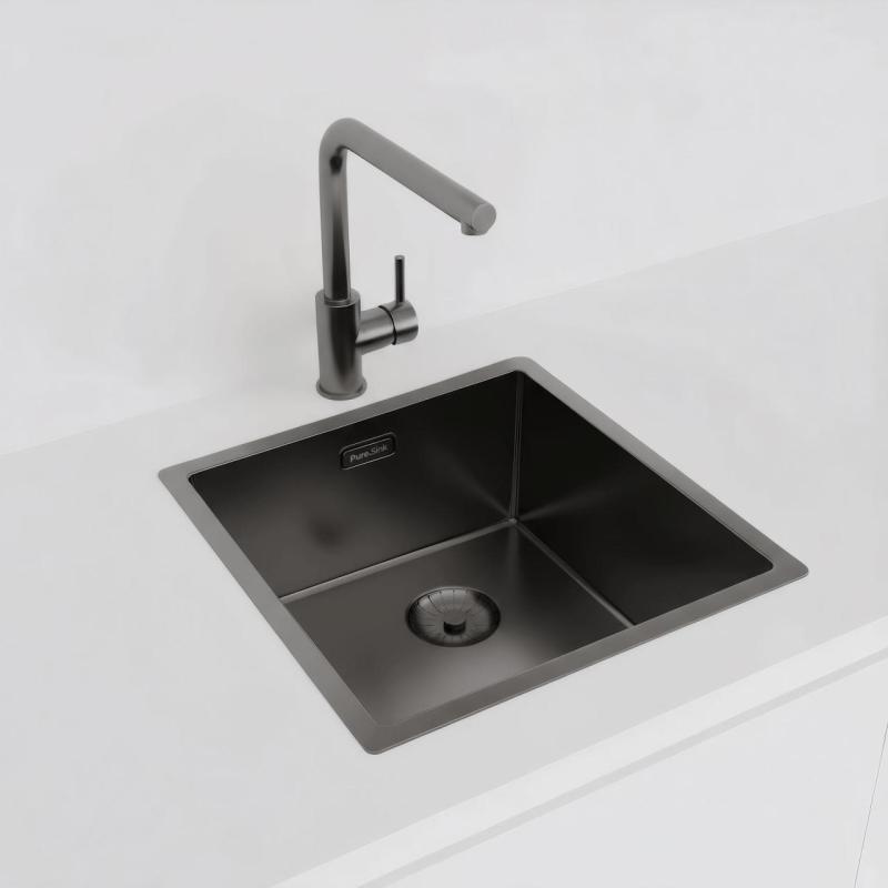 Pure.Sink Prestige νεροχύτης 40x40 cm PVD Gun Metal, ακτίνα 10 mm, για υποκατασκευή, επίπεδη ενσωμάτωση και επιφάνεια εγκατάστασης PPG4040-61