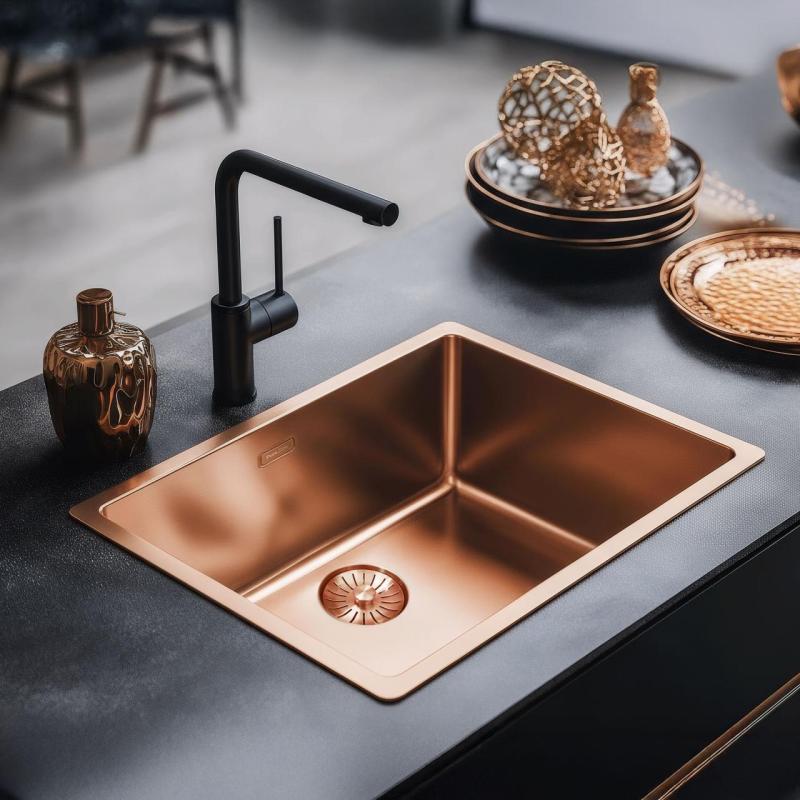 Pure.Sink Prestige νεροχύτης 40x40 cm PVD Χαλκός, ακτίνα 10 mm, για υποκατασκευή, επίπεδη ενσωμάτωση και επιφάνεια εγκατάστασης PPG4040-62