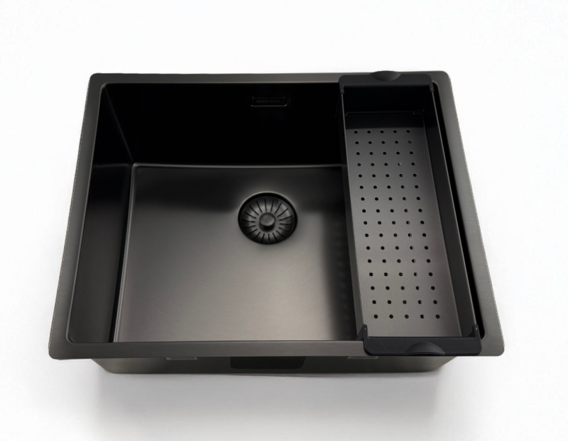 Pure.Sink Prestige νεροχύτης 50x40 cm PVD Gun Metal, ακτίνα 10 mm, για υποκατασκευή, επίπεδη ενσωμάτωση και επιφάνεια εγκατάστασης PPG5040-61