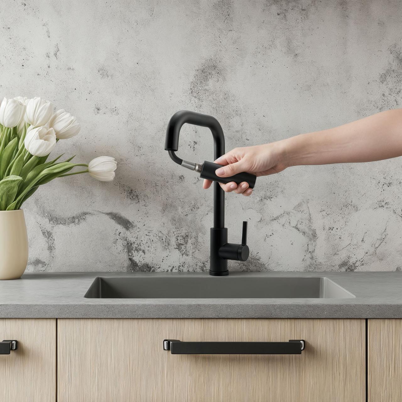 Pure.Sink Elite Steel Crystal-S μπαταρία κουζίνας Μαύρο Ματ με αποσπώμενο στόμιο PS8050-10