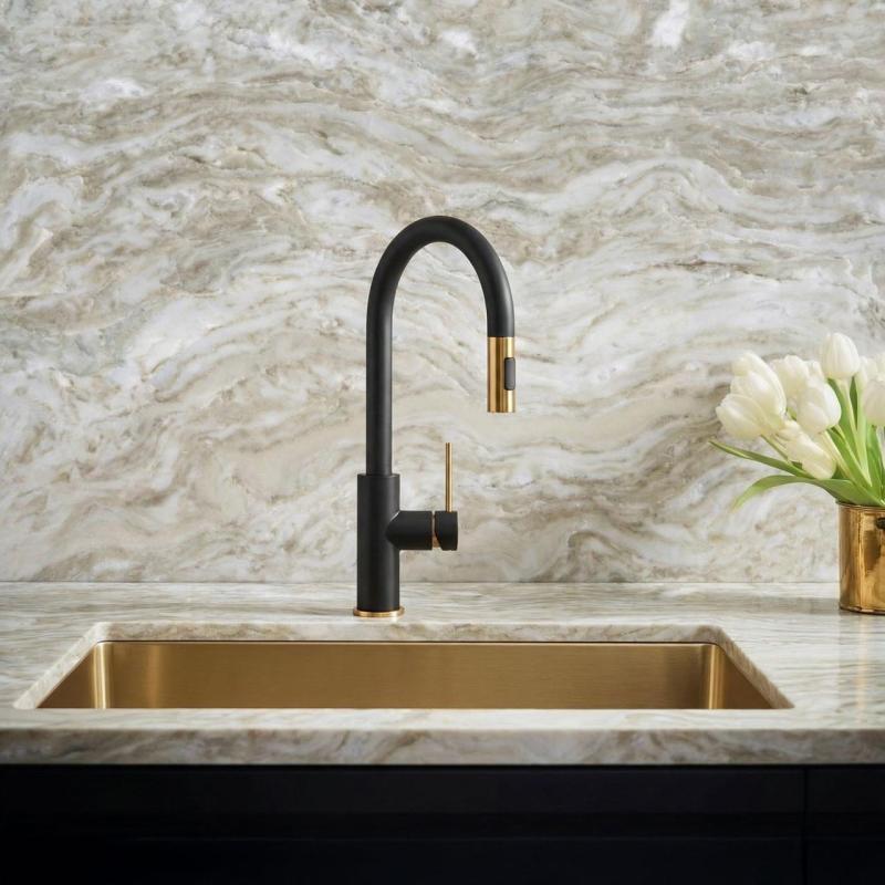 Quadri Retford Μπαταρία Κουζίνας Μαύρη με Χρυσό Φινίρισμα και Αποσπώμενο Ρουξούνι με Λειτουργία Ψεκασμού 1208967677