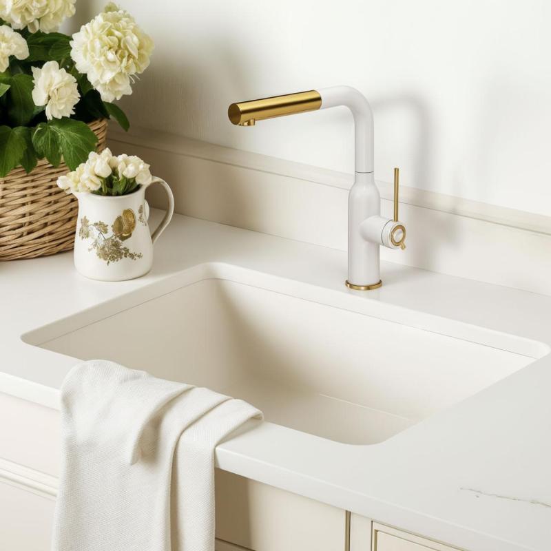 Quadri Stamford Μπαταρία Κουζίνας Λευκή με Χρυσό Φινίρισμα PVD και Αποσπώμενο Ρουξούνι 1208967686