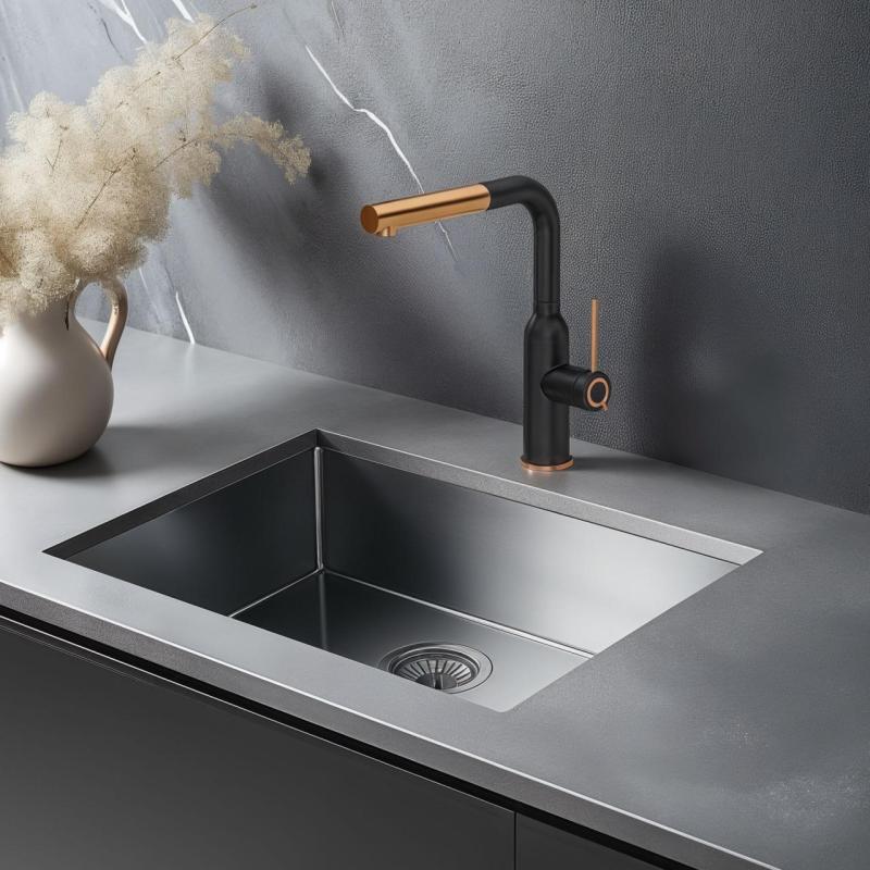 Quadri Stamford Μπαταρία Κουζίνας Μαύρη με Χάλκινο Φινίρισμα PVD και Αποσπώμενο Ρουξούνι 1208967689