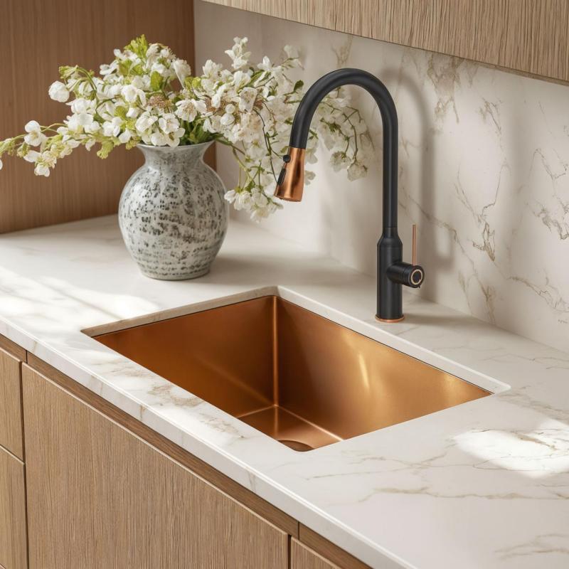 Quadri Stamford Μπαταρία Κουζίνας Μαύρη με Χάλκινο Φινίρισμα PVD με Αποσπώμενο Ράμφος και Λειτουργία Ψεκασμού 1208967695